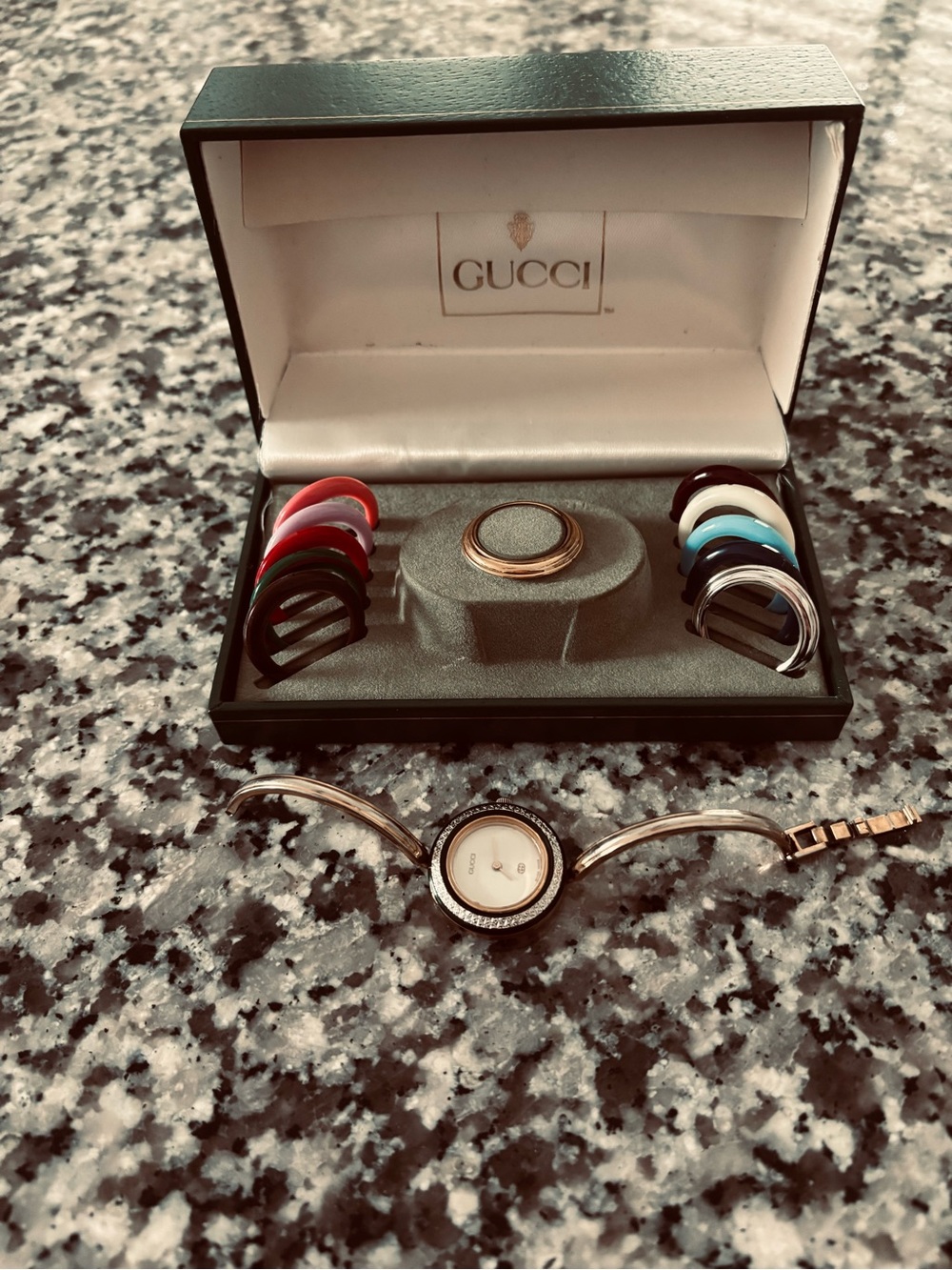Gucci Silver Bangle Watch with Interchangeable Colored Rings